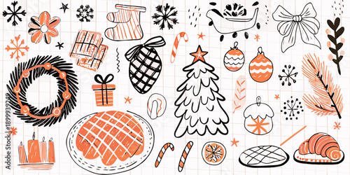 Hand drawn christmas doodles and festive holiday illustrations on grid paper