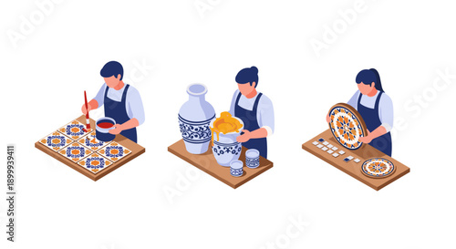 Isometric artisans crafting traditional ceramics and mosaic tiles in blue and orange