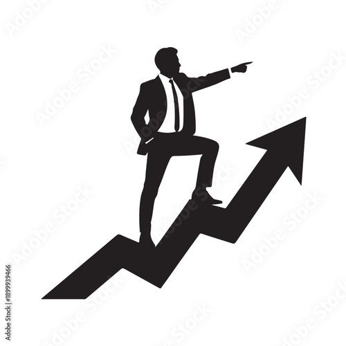 Businessman silhouette standing on rising arrow pointing forward showing determination leadership and vision in business growth and success