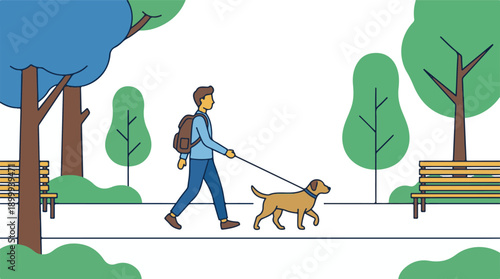 Man walking his dog on a leash in a public park, minimalist illustration