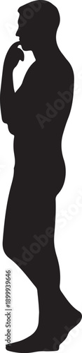Silhouette of a person thinking with hand on chin black