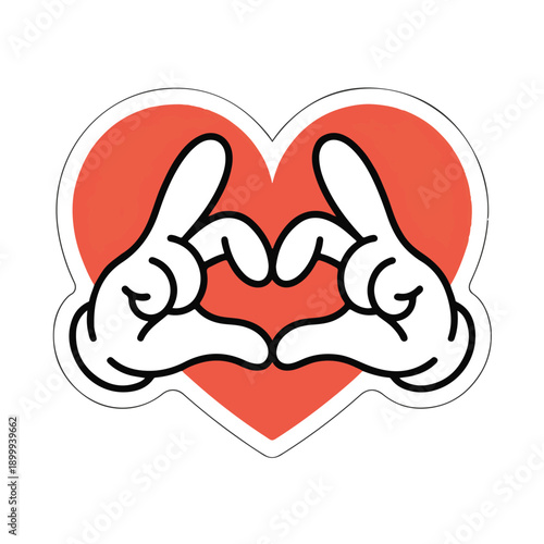Cartoon gloves forming playful heart shape gesture over large red background symbol representing friendship kindness and cute romantic expression
