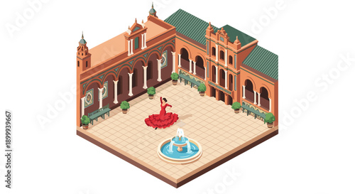 Isometric spanish architecture courtyard with flamenco dancer and fountain