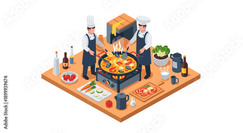 Isometric chefs cooking gourmet dish in a professional kitchen setting