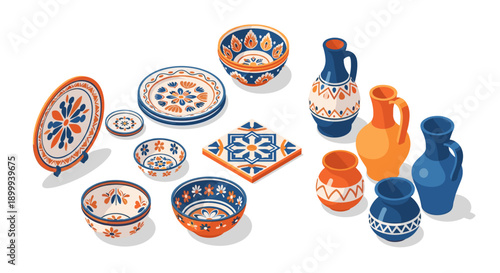 Colorful ceramic tableware and pottery with spanish floral designs