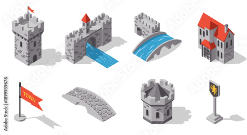 Medieval architecture icons set with isometric castles and bridges