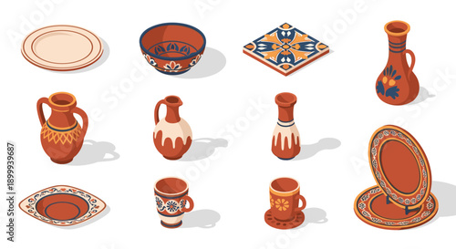 Traditional ceramic pottery set in isometric style with decorative patterns