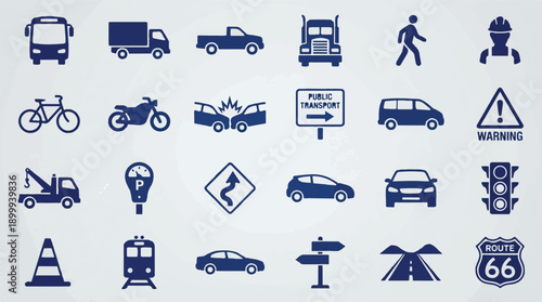 Transportation and road signs vector icon set for traffic and travel