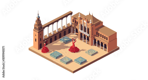 Isometric spanish architecture with flamenco dancers and decorative tiles