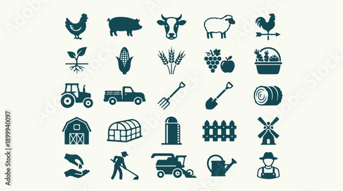 Farm and Agriculture Icons: Animals, Machinery, Crops, and Rural Life