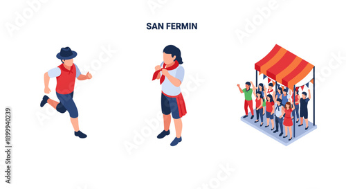 Festive san fermin celebrations: traditional running of the bulls and spectators in isometric design