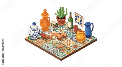 Colorful isometric mediterranean kitchen table setting with decorative tiles