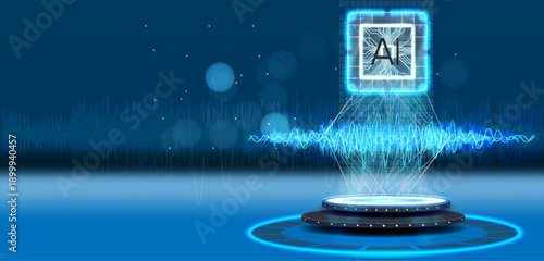 Artificial intelligence technology displayed with glowing circuits and sound waves in a digital space during the day in a virtual environment