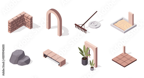 Minimalist isometric garden elements set featuring stone, wood, and sand designs