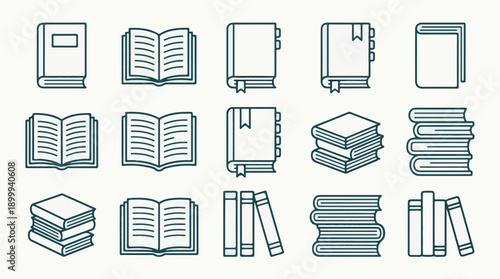 Set of minimalist line art book icons for education and knowledge concepts