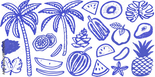 Tropical fruits and palm leaves illustration in vibrant blue on black