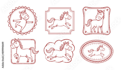 Six red line art illustrations of horses in decorative frames and shapes on a white background equine