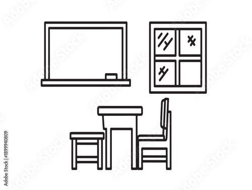 Minimalist classroom setup with chalkboard and seating