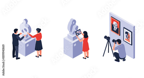 People engaging with modern art exhibits in an isometric museum setting