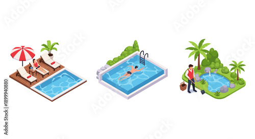 Isometric swimming pool activities with relaxation and maintenance