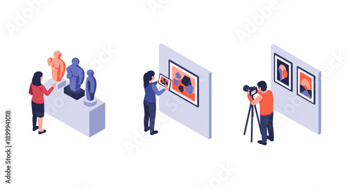Isometric art gallery scene with visitors and sculptures
