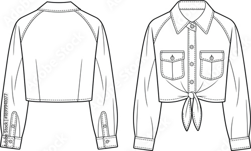 Technical fashion flat sketch of cropped tie-front shirt, long sleeve blouse with pockets, front and back view, vector illustration