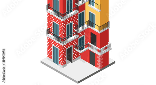 Colorful isometric building with modern architecture and balconies