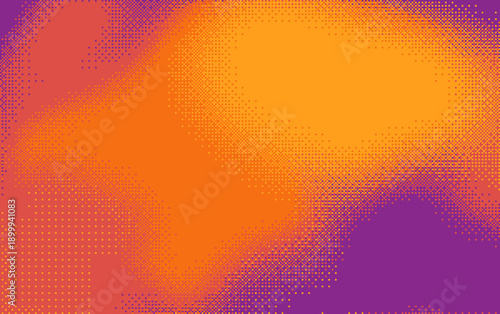Abstract halftone dot background with orange glow and purple shadows. Retro wave texture