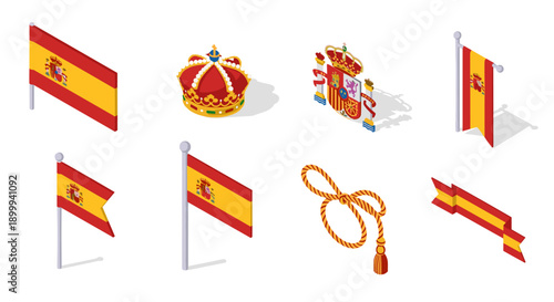 Isometric spanish flags and symbols collection with crown and coat of arms