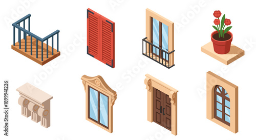 Isometric architectural elements: windows, doors, balconies in modern and classic styles