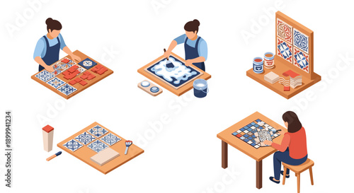 Crafting artisanal ceramic tiles: isometric artisans at work with patterns and tools