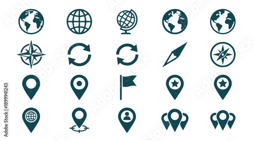 Set of navigation, travel, and location pin vector icons