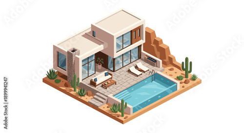 Modern isometric desert house with pool and cacti in minimalist style