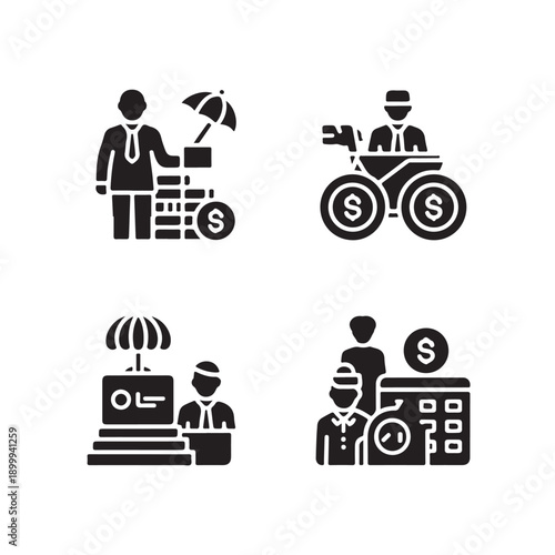 Financial security and insurance concept icons showing money protection investment growth and savings with umbrellas and calculator isolated vector graphics