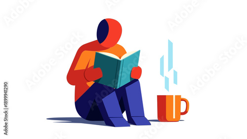Minimalist Vector: Person Reading a Book with Steaming Coffee Mug. Cozy Leisure, Study, and Education Concept Illustration.