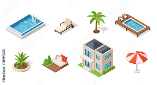 Modern outdoor oasis with pool and lounge in isometric style