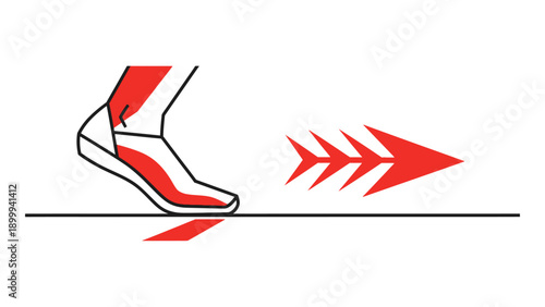 Minimalist Gait Cycle Illustration: Foot Step and Red Forward Direction Arrow for Walking and Running Mechanics Analysis