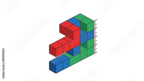 3D Isometric Cube Structure Graph with Color Blocks (Red, Blue, Green). Abstract Data Visualization, Analytics, and STEM Education Concept Illustration.
