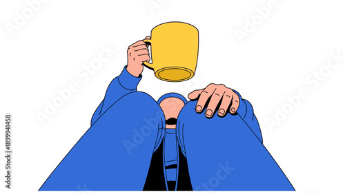 Low Angle Perspective Illustration of Person in Blue Hoodie Holding Up Large Yellow Coffee Mug. Dynamic Graphic Vector Art.