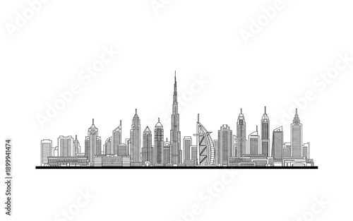 Dubai UAE Skyline Line Art Silhouette with Burj Khalifa and Burj Al Arab, Modern Cityscape Vector Illustration