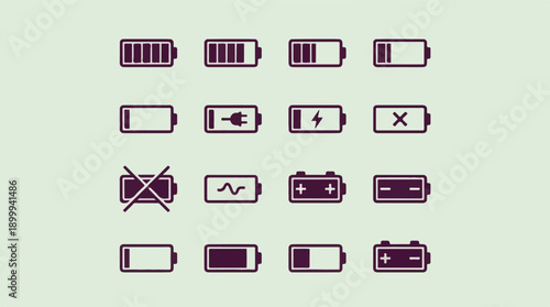 Collection of diverse battery power level and status indicator icons