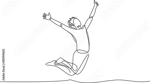 Single line of a person jumping with arms raised one line continuous line