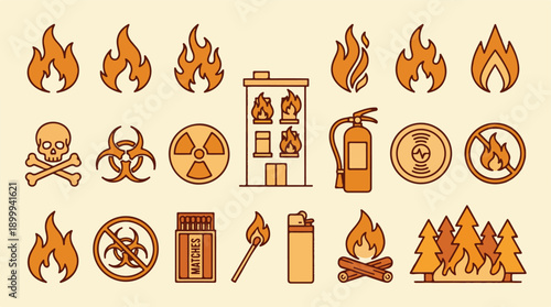Set of Fire, Hazard, and Safety Warning Icons and Symbols