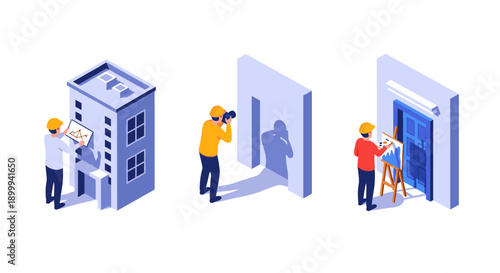 Isometric construction workers at building site engaged in various tasks
