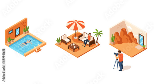 Summer activities at home with isometric design: swimming, relaxing, and photography