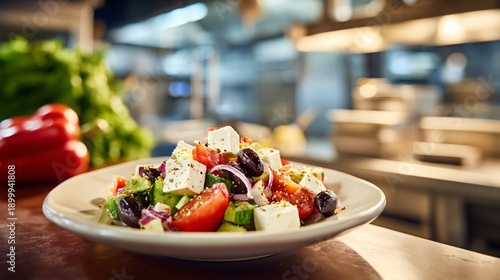 Wallpaper Mural Greek salad served in restaurant pass area, blurred kitchen background, authentic culinary environment Torontodigital.ca