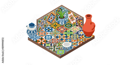 Isometric colorful tile arrangement with decorative ceramic elements and plant