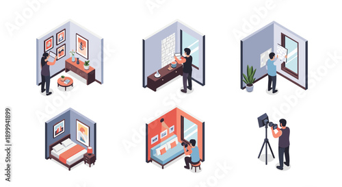 Isometric interior design and photography setup concepts with individuals engaged in creative activities
