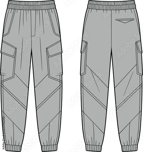 Technical cargo pants, front and back view, elastic waistband, flap pocket, seam detail, cad drawing, flat vector illustration, fashion design