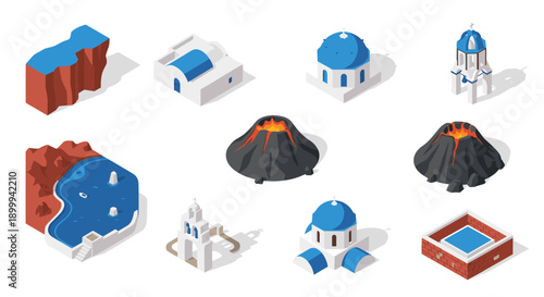 Isometric greek islands and volcanic scenery with iconic architecture and landscapes